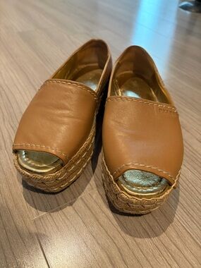 Prada Women’s Tan Leather Espadrille Platform Slides